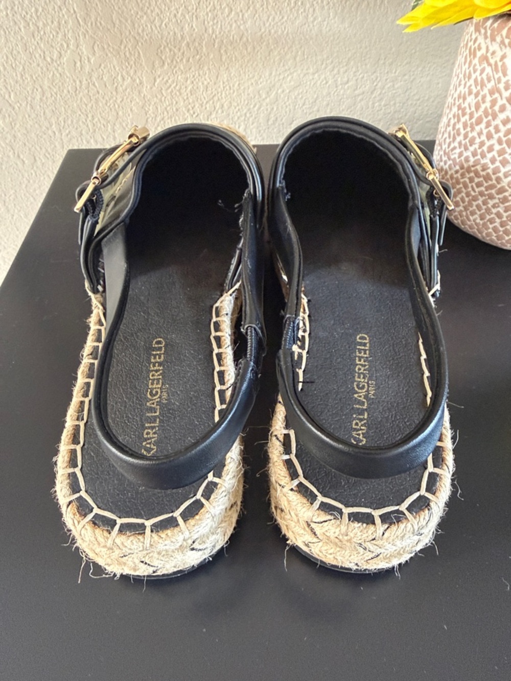 Karl Lagerfeld Black Espadrille Slingback Sandals with Gold Buckle - Picture 7 of 10